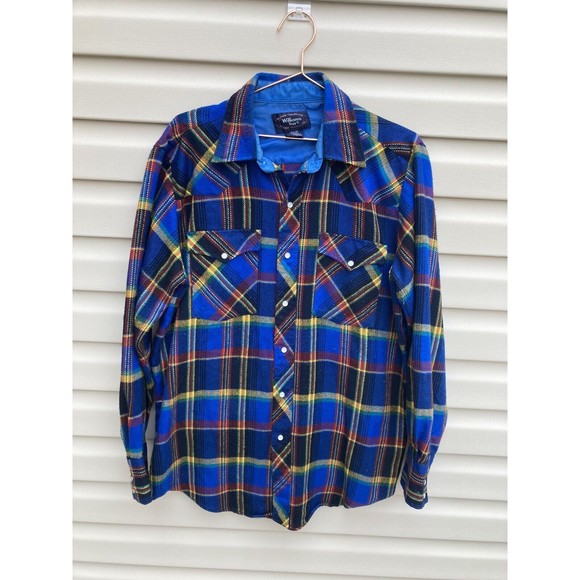Vintage William's Bay Men's Flannel Shirt Blue Yellow, Red, Pearl Snap Large - Picture 1 of 15